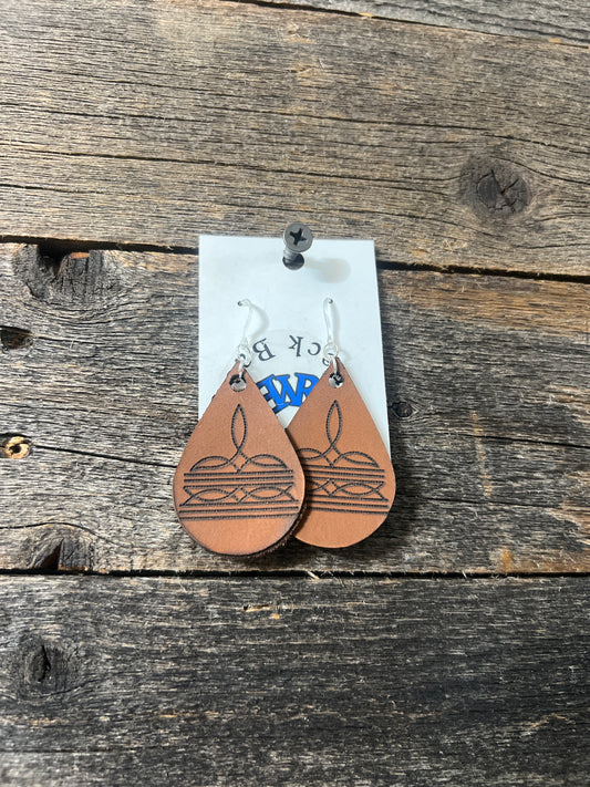 Boot Stitch Teardrop Earrings, Leather, Engraved Design