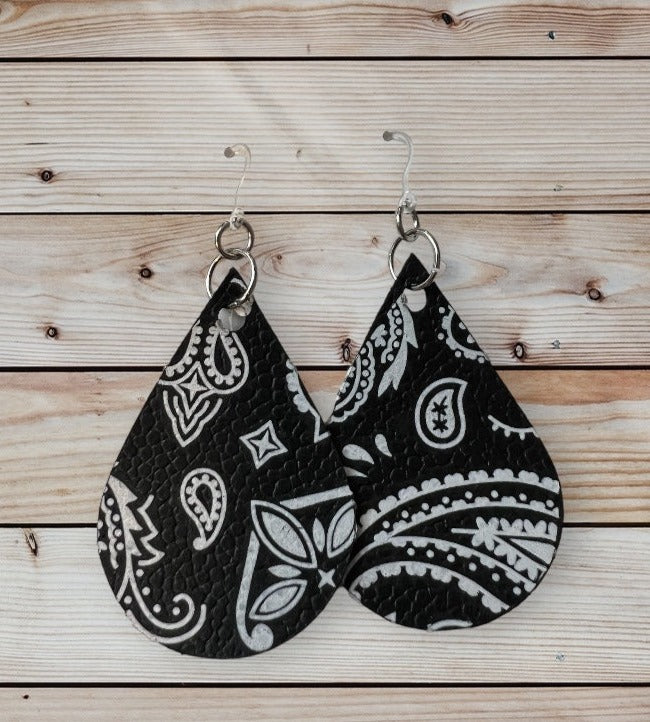 Bandana Print Genuine  Leather Teardrop Earrings