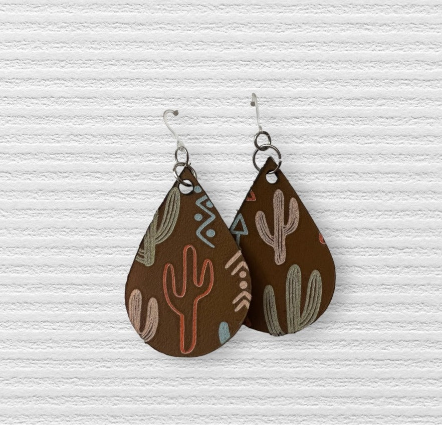 Cactus Print Genuine  Leather Teardrop Earrings