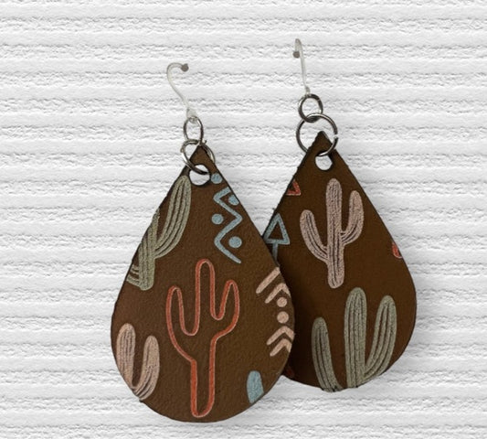 Cactus Print Genuine  Leather Teardrop Earrings